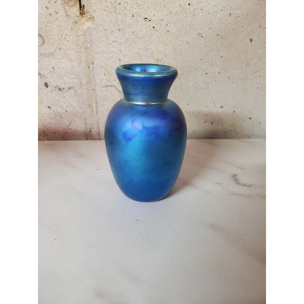 Stunning Blue Iridescent Glass Vase, Vintage, 4.25